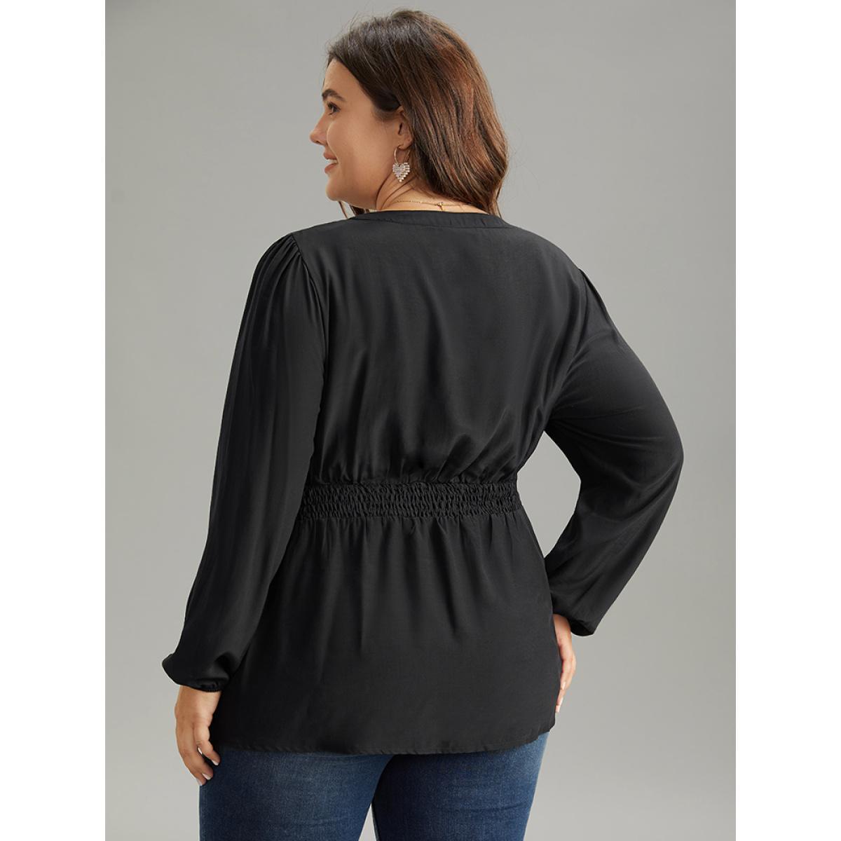 Plus Size Black Solid Frill Trim Shirred Flutter Hem Blouse Women Elegant Long Sleeve Notched collar Dailywear Blouses BloomChic 30/6X Product Image