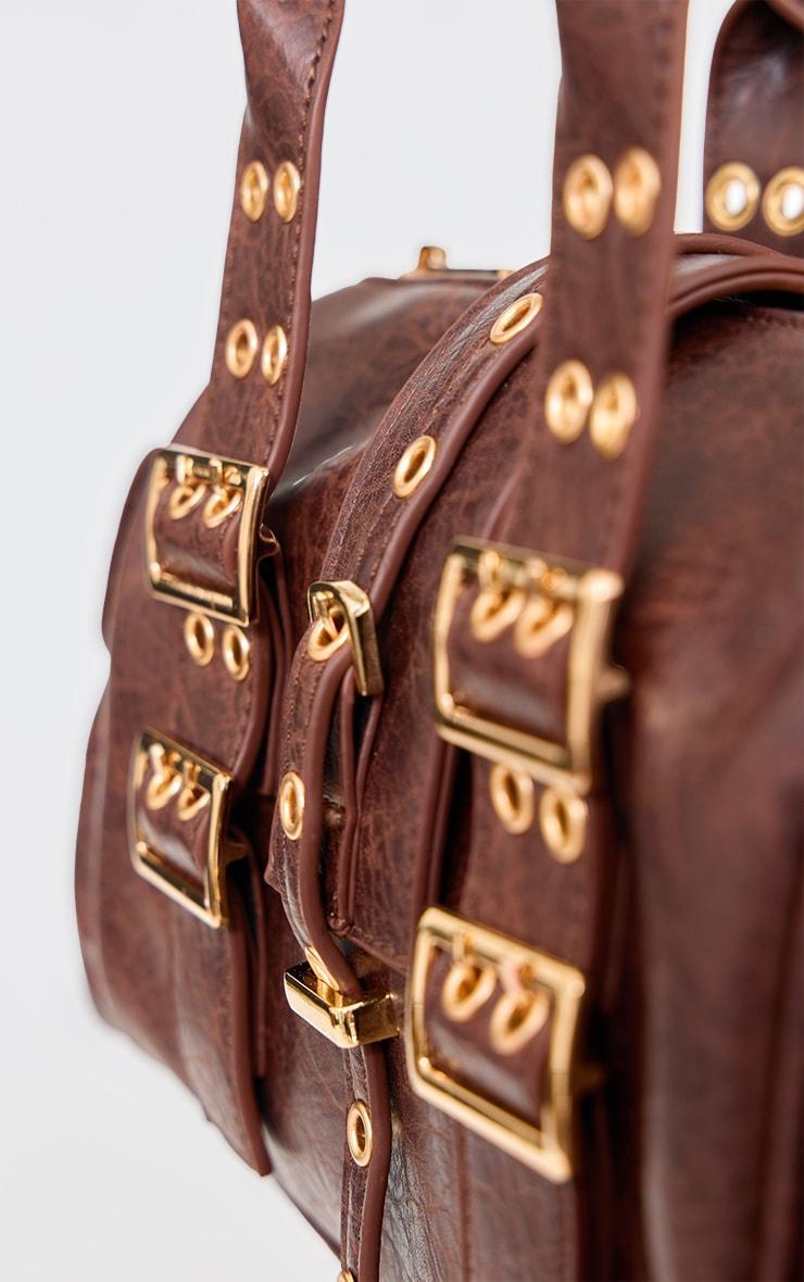 Brown Distressed PU Buckle Bowling Bag Product Image