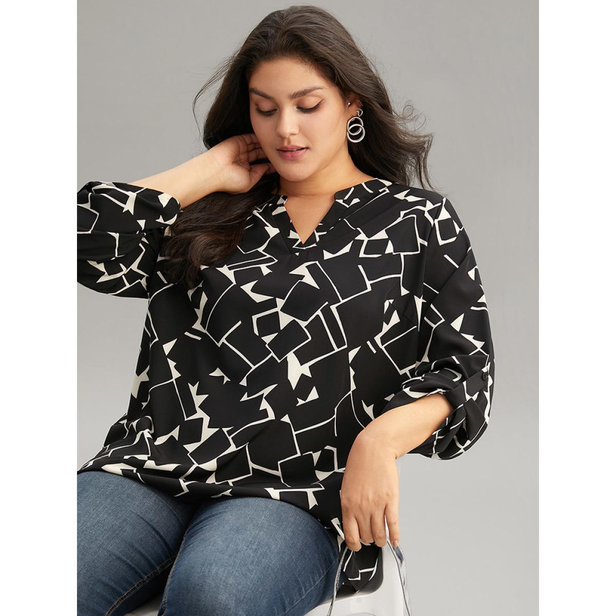 Plus Size Black Geometric Notched Tab Sleeve Blouse Women Office Elbow-length sleeve Notched collar Work Blouses BloomChic 22-24/3X Product Image