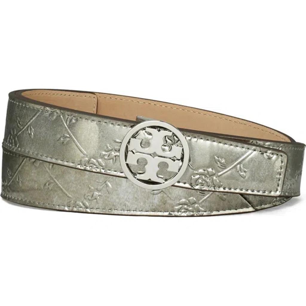 TORY BURCH Miller Floral Embossed Metallic Leather Belt In Pewter Product Image