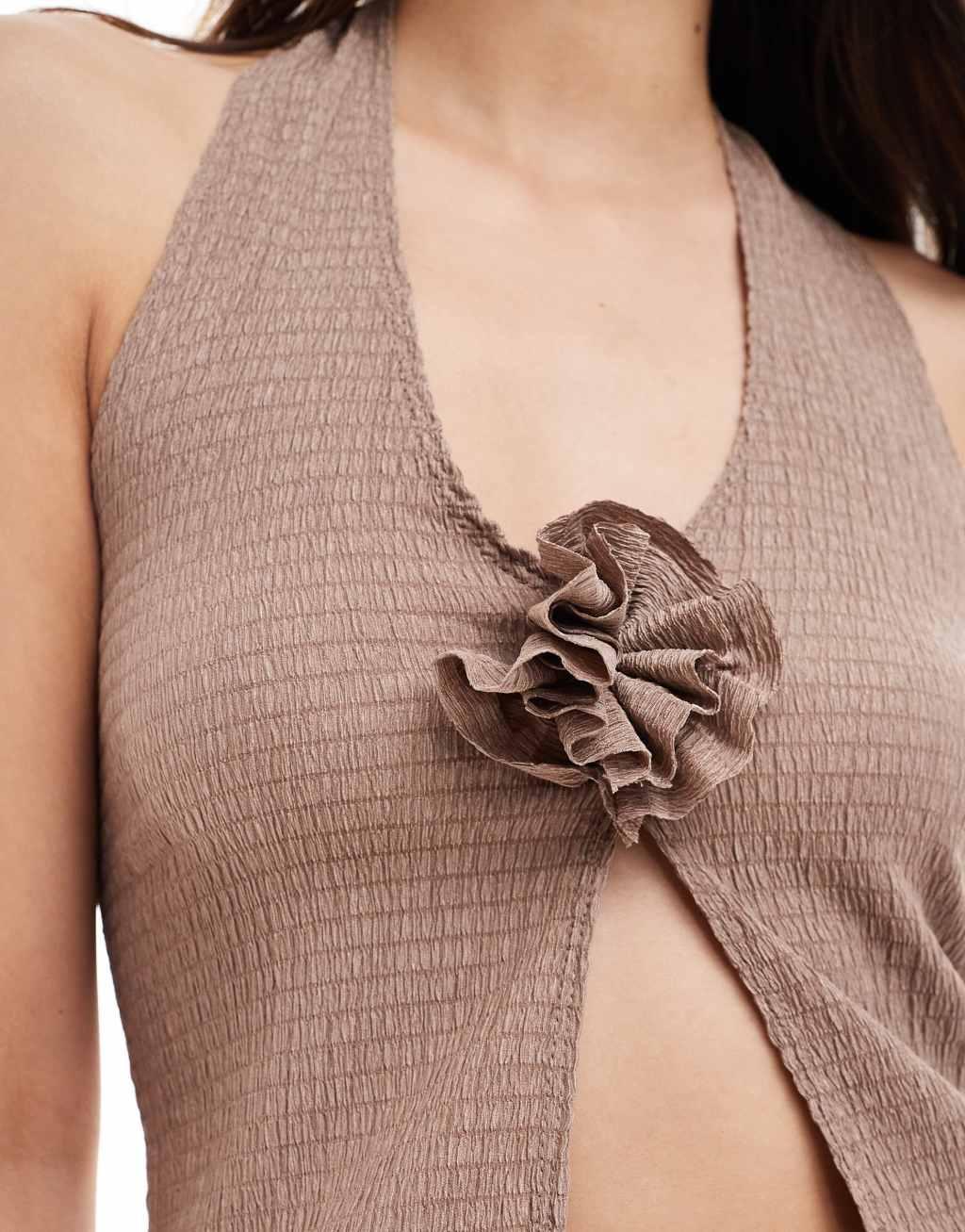 Miss Selfridge corsage detail textured halter neck top Product Image