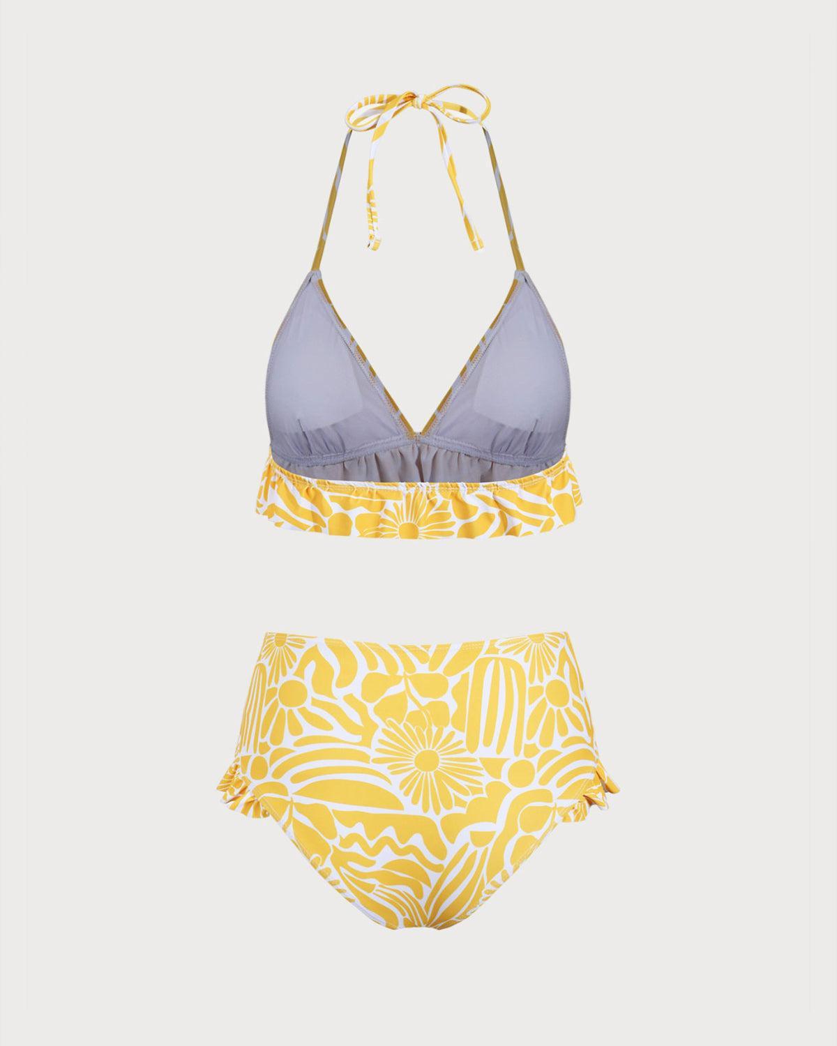 Yellow Knit Floral Ruffle Bikini Set Product Image