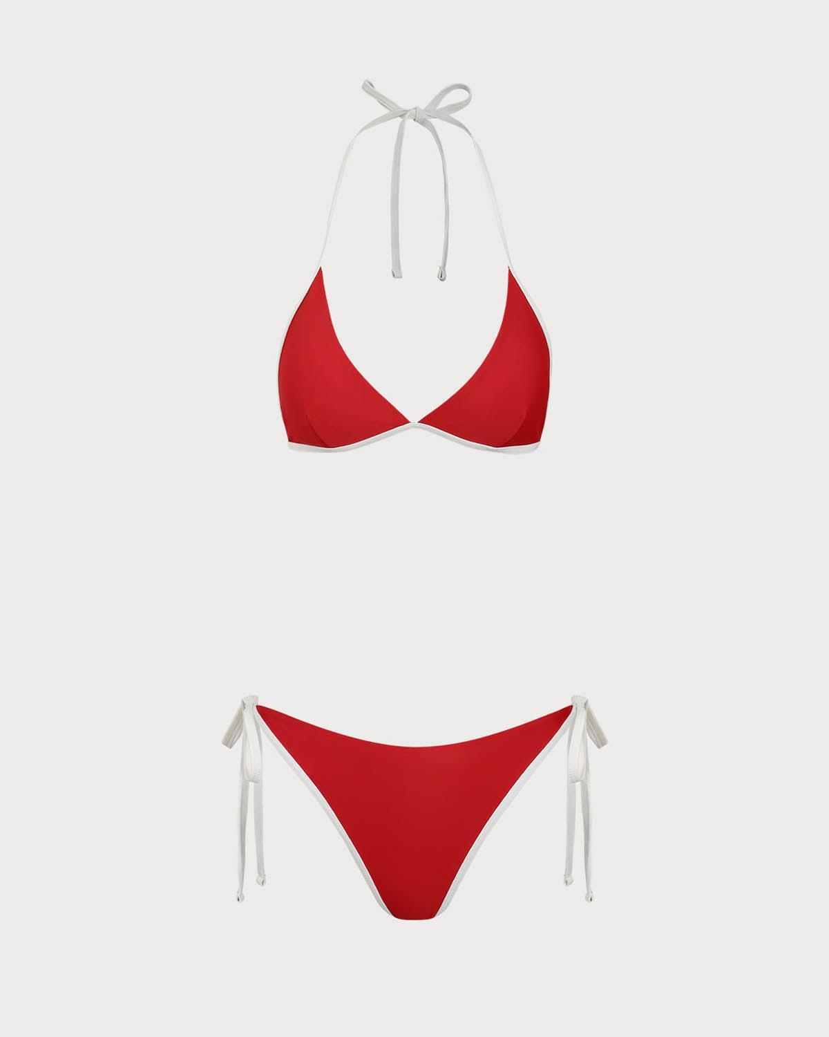 Red Contrasting Halter Triangle Bikini Set Product Image