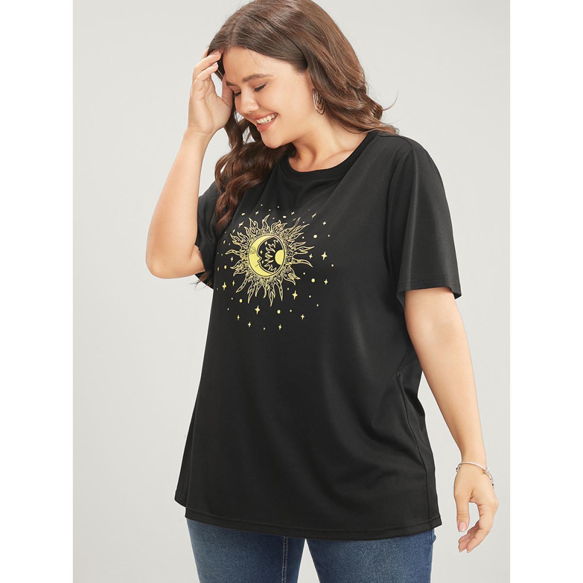 Plus Size Moon And Star Round Neck T-shirt DimGray Women Casual Printed Star and moon Dailywear T-shirts BloomChic 14-16/1X Product Image
