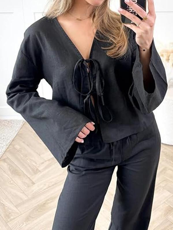 Lace-Up Solid Color V-Neck Blouses&Shirts Tops Product Image