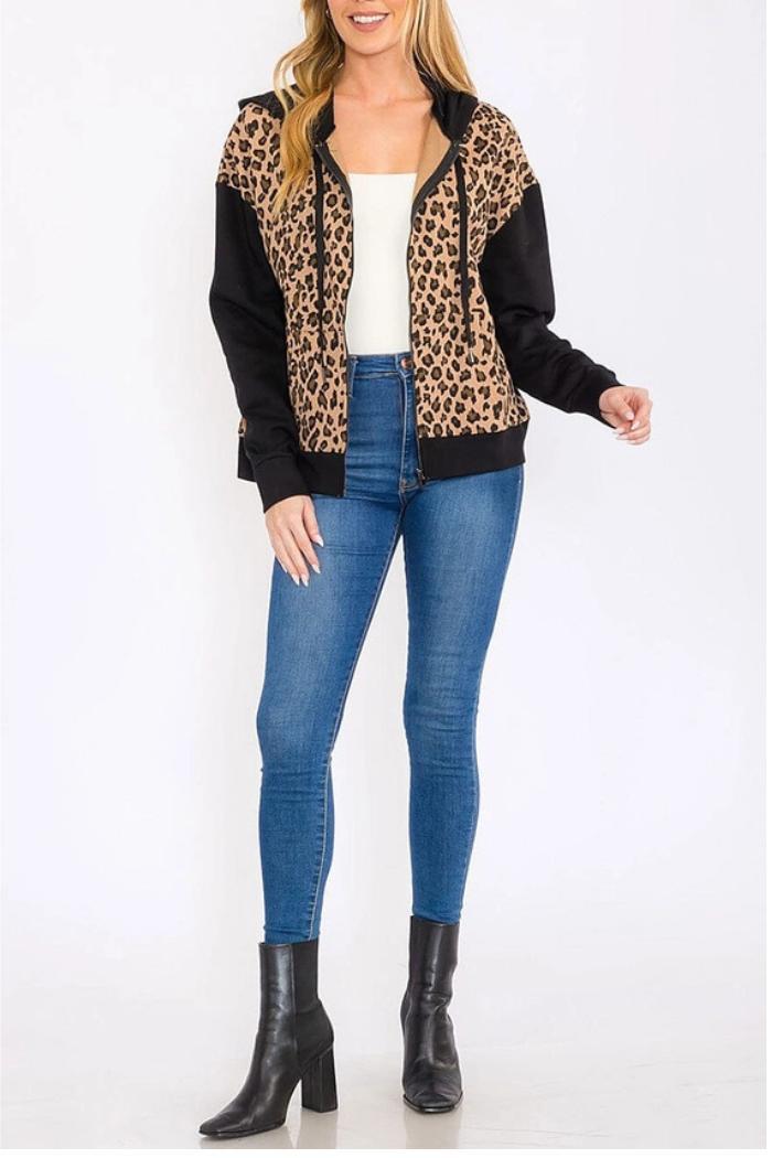 Zip Up Front Pockets Animal Print Hooded Jacket Product Image