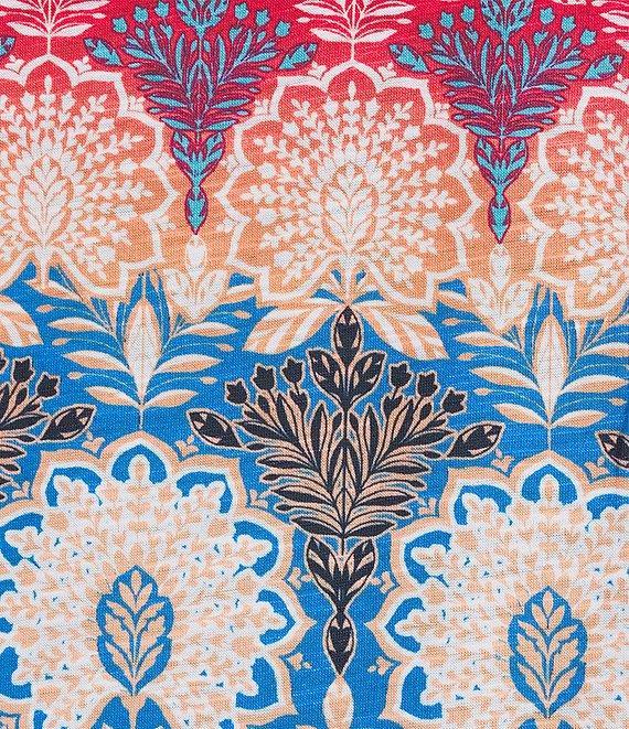 Allison Daley Plus Size Pomegranate Damask Floral Border Print Short Ruched Tie Sleeve Square Neck Knit Top Product Image