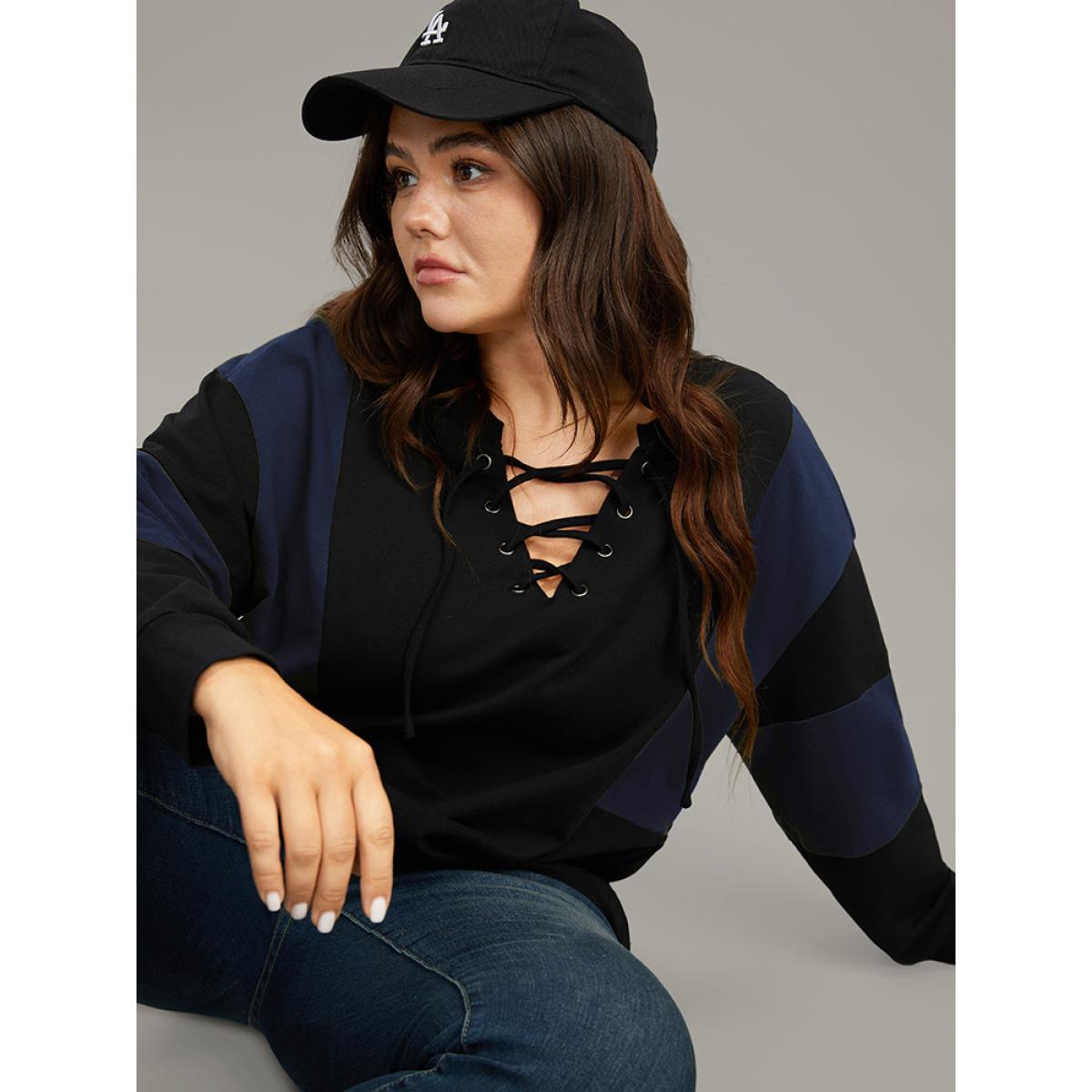 Plus Size Cotton Colorblock Contrast Lace Up Sweatshirt Women Blue Casual Elastic cuffs V-neck Dailywear Sweatshirts BloomChic 10/M Product Image