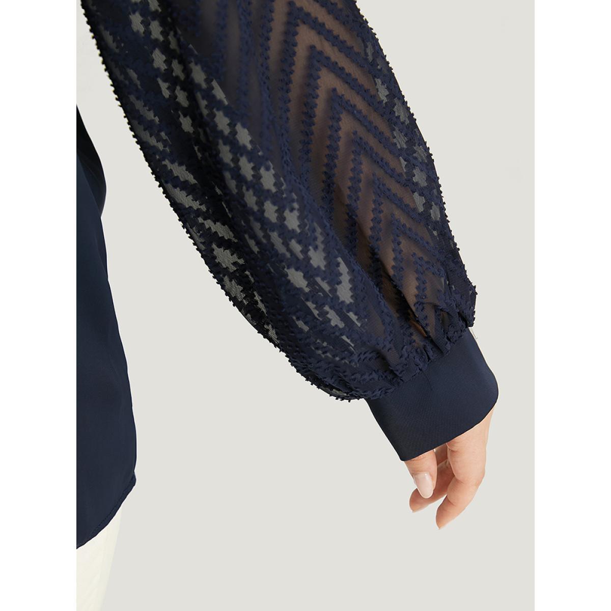 Plus Size Indigo Plain Keyhole Lace Patchwork Lantern Sleeve Blouse Women Office Long Sleeve Keyhole Cut-Out Work Blouses BloomChic 22-24/3X Product Image