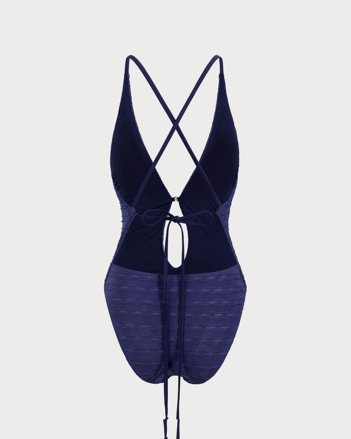 Blue Textured Tie Front One-Piece Swimsuit Product Image