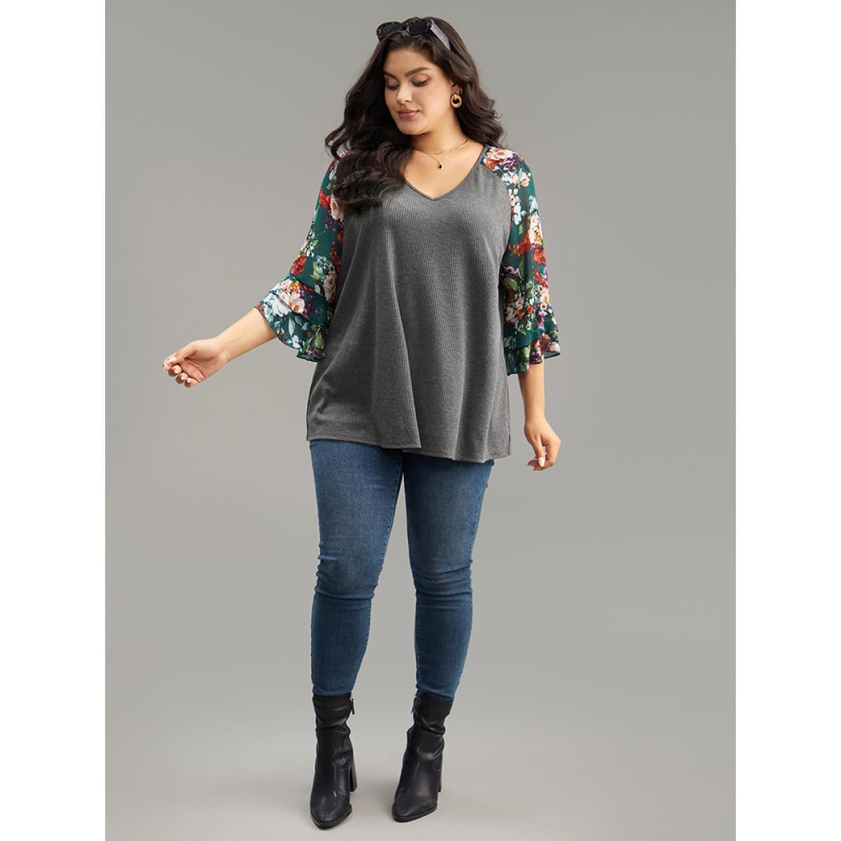 Plus Size Floral Patchwork Flutters Raglan Sleeve T-shirt DimGray Women Elegant Printed Floral V-neck Dailywear T-shirts BloomChic 28/5X Product Image