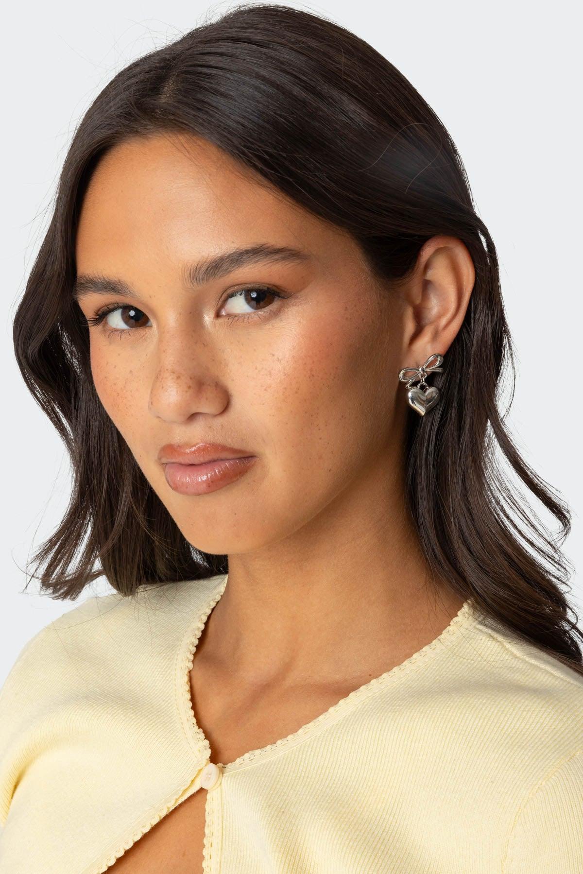 Bow Heart Charm Earrings Product Image