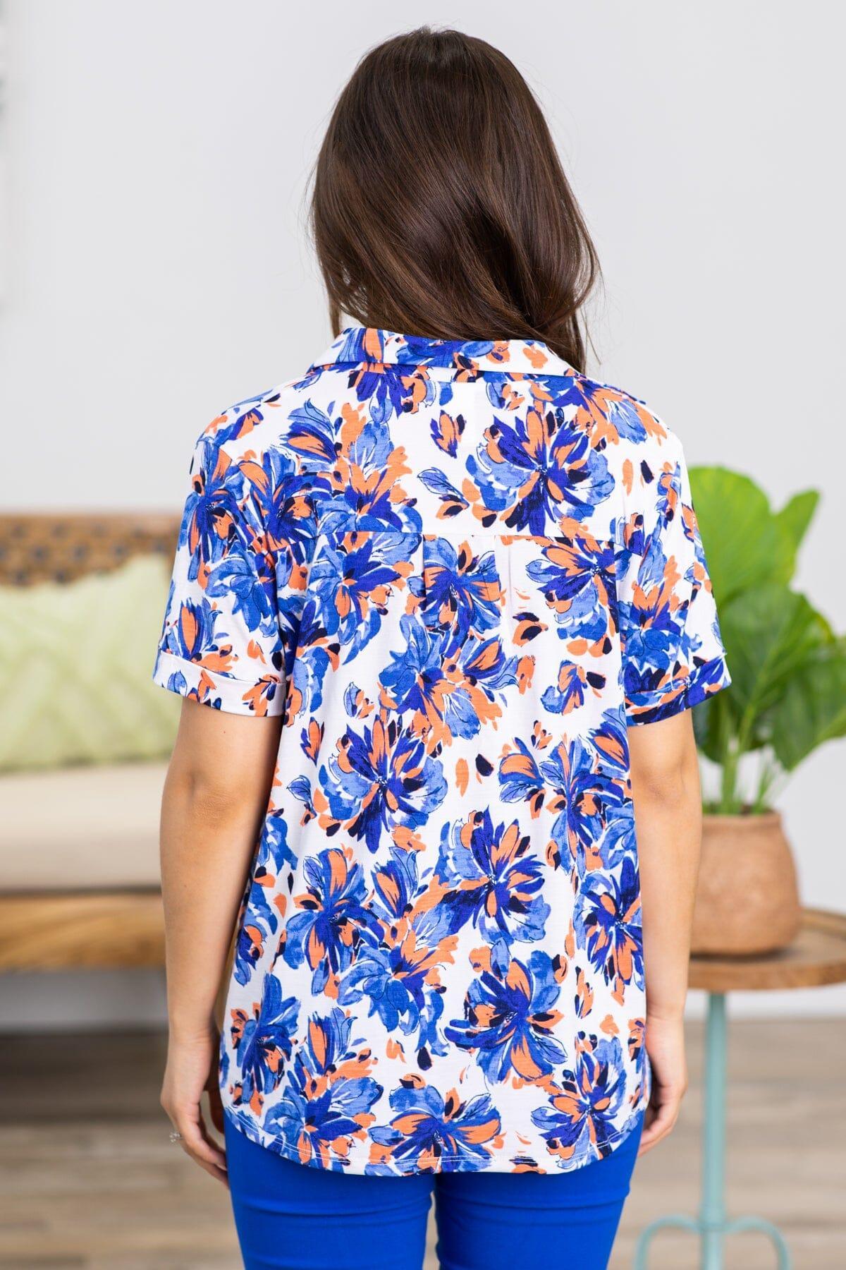 Cobalt and Coral Multicolor Floral Top Product Image