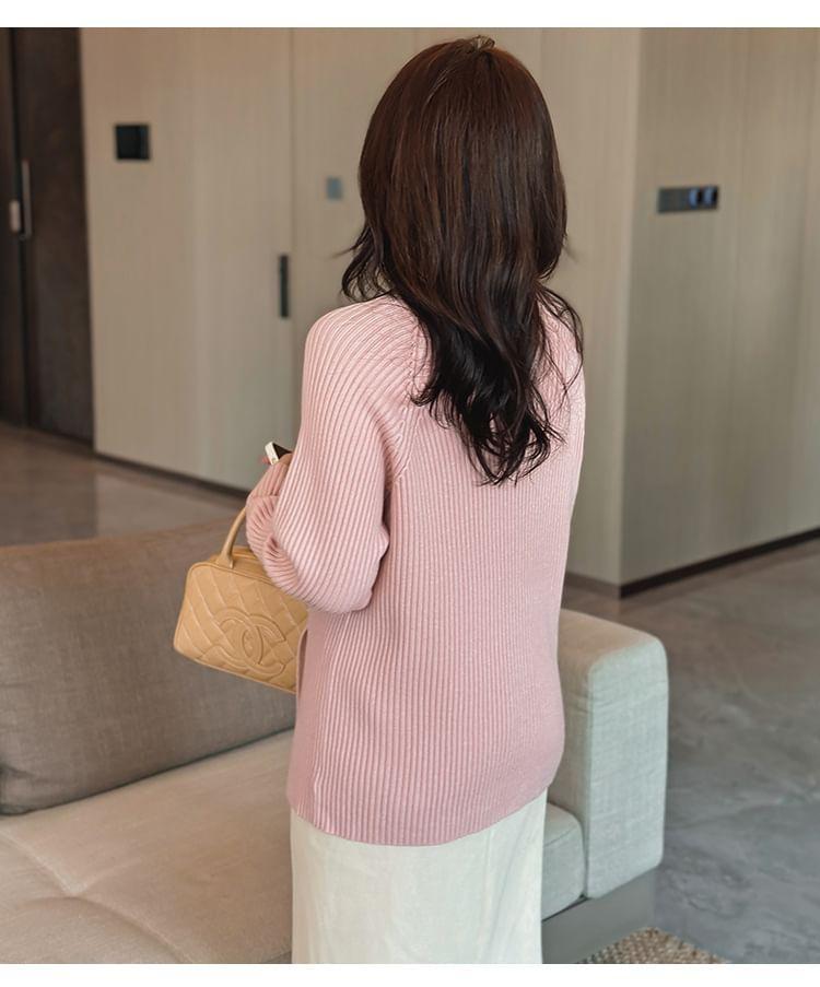 Mock Neck Plain Slit Ribbed Sweater Product Image