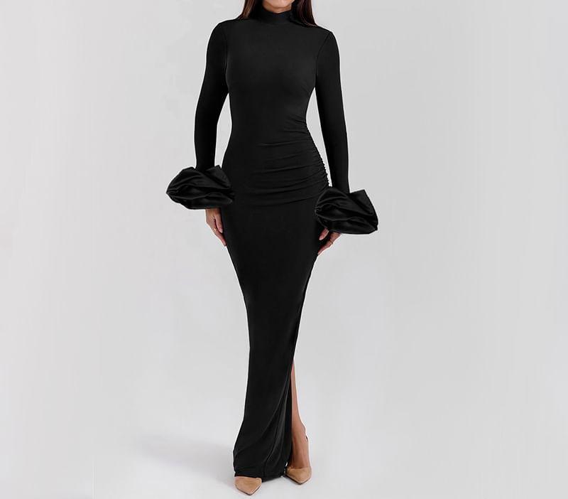 Long-Sleeve Mock Neck Plain Maxi Sheath Dress Product Image