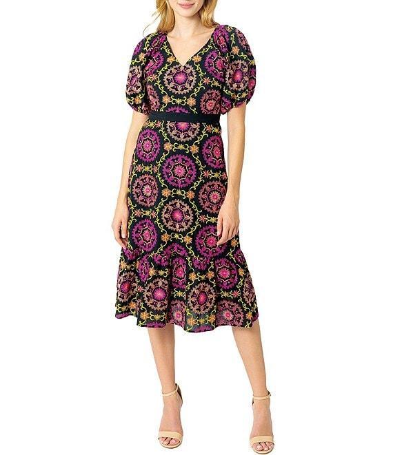 Sam Edelman Regalia Eyelet Placement Print V-Neck Short Puff Sleeve A-Line Midi Dress Product Image