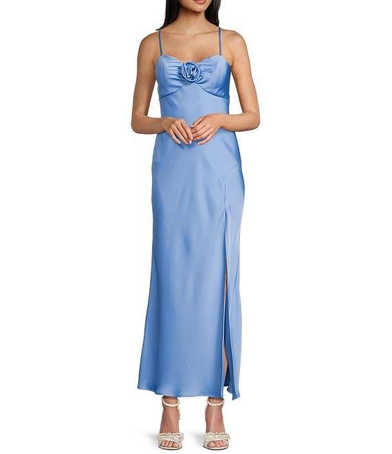 Next Up Satin Sweetheart Neck Front Rosette Side Slit Midi Dress Product Image