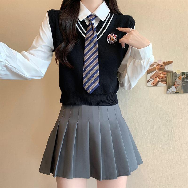 Set: Mock Two-Piece Long-Sleeve Logo Applique Knit Panel Shirt + Striped Necktie Product Image