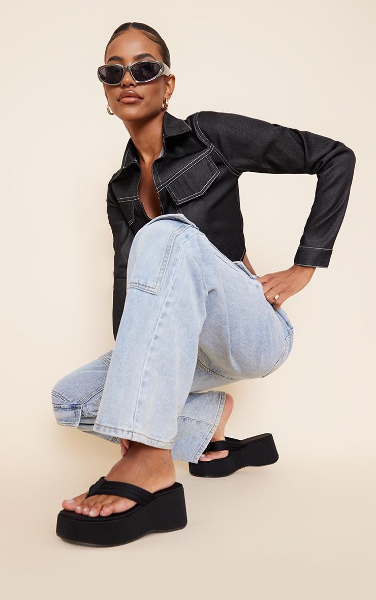 Black Round Toe Chunky Platform Ribbed Padded Straps Flip Flops Product Image