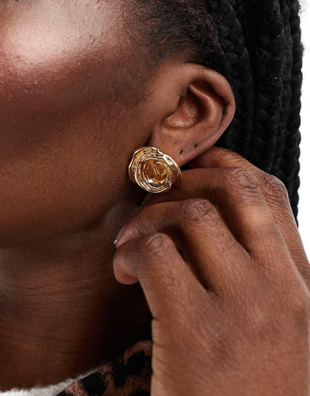 ASOS DESIGN stud earrings with rose detail in gold tone Product Image