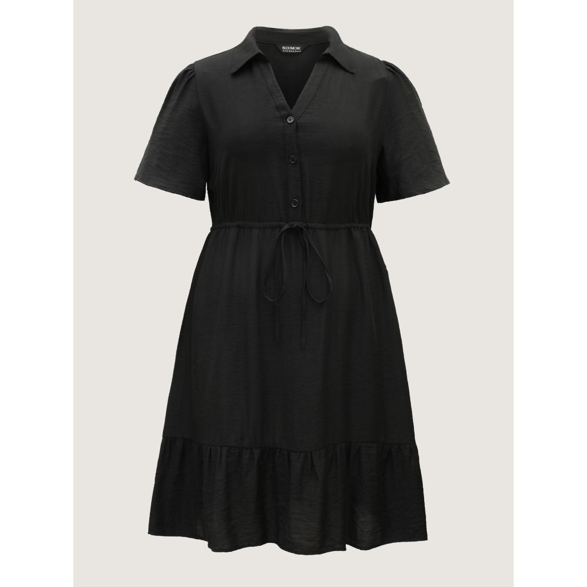 Plus Size Button Placket Waist-Tie Midi Dress Black Women Office Notched collar Short sleeve Curvy BloomChic 14-16/1X Product Image