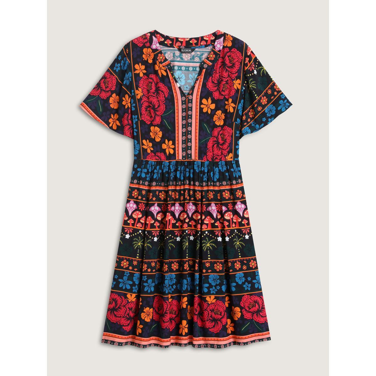 Plus Size Boho Floral Print Notched Collar Midi Dress Black Women Notched collar Short sleeve Curvy BloomChic 10/M Product Image