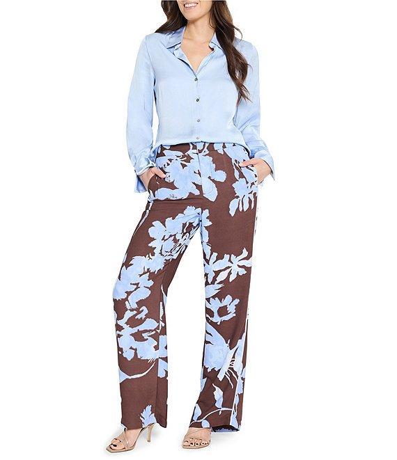 NIC + ZOE Glossy Crinkle Collar Neck Long Sleeve Button Front Shirt Product Image