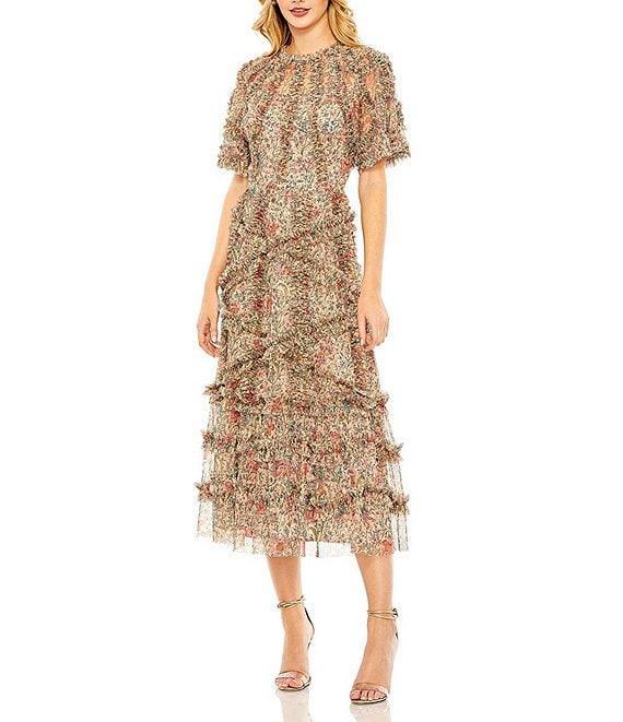 Mac Duggal Floral Print Ruffle Embellished Short Flutter Sleeve Crew Neck Midi Dress Product Image
