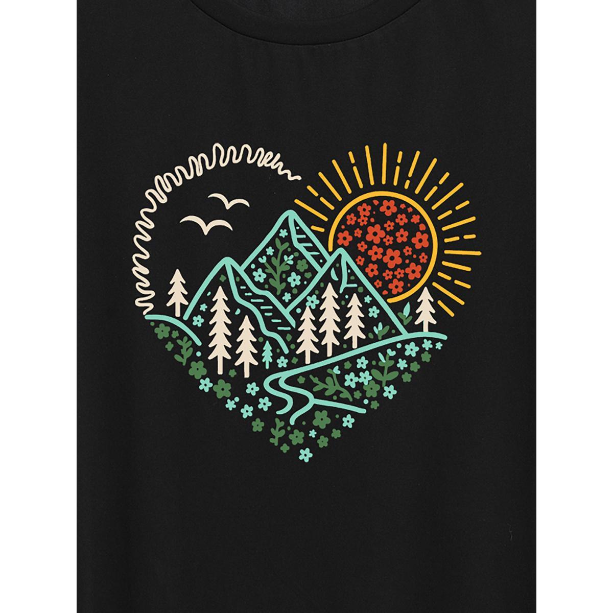 Plus Size Hello Mountains Print Round Neck T-Shirt Black Women Non Art&design Round Neck Everyday-Casual T-shirts BloomChic 28/5X Product Image