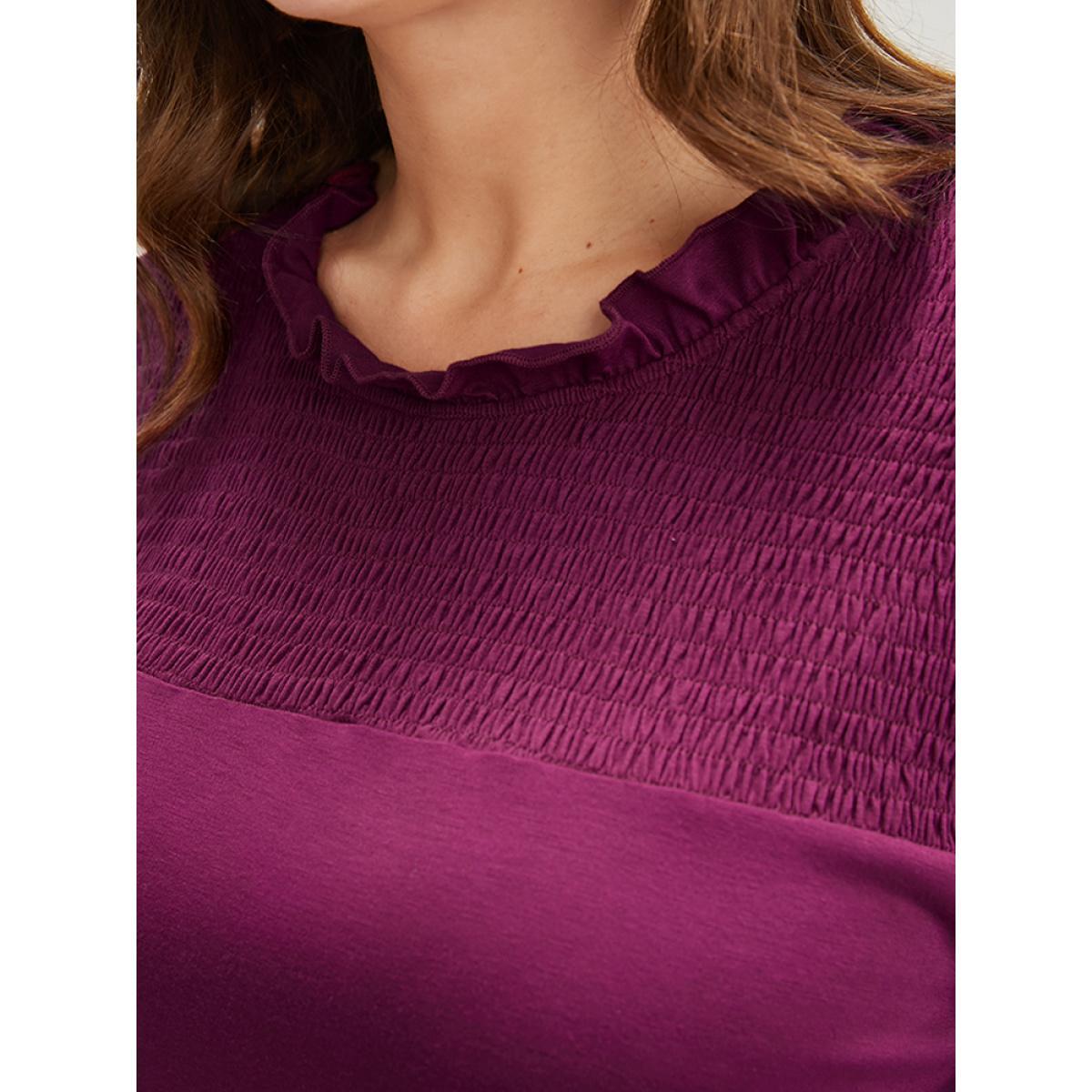 Plus Size Solid Frill Trim Shirred Lantern Sleeve Pocket Flutter Maxi Dress Purple Women Elegant Pocket Round Neck Long Sleeve Curvy Long Dress BloomChic 10/M Product Image