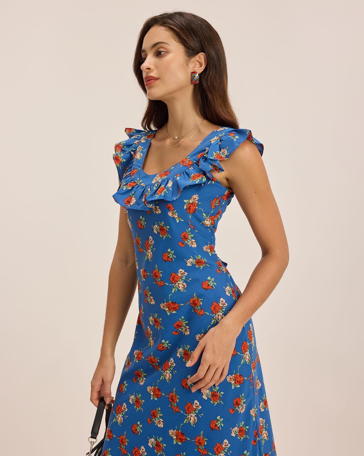 Blue Floral Ruffle Sleeveless Maxi Dress Product Image