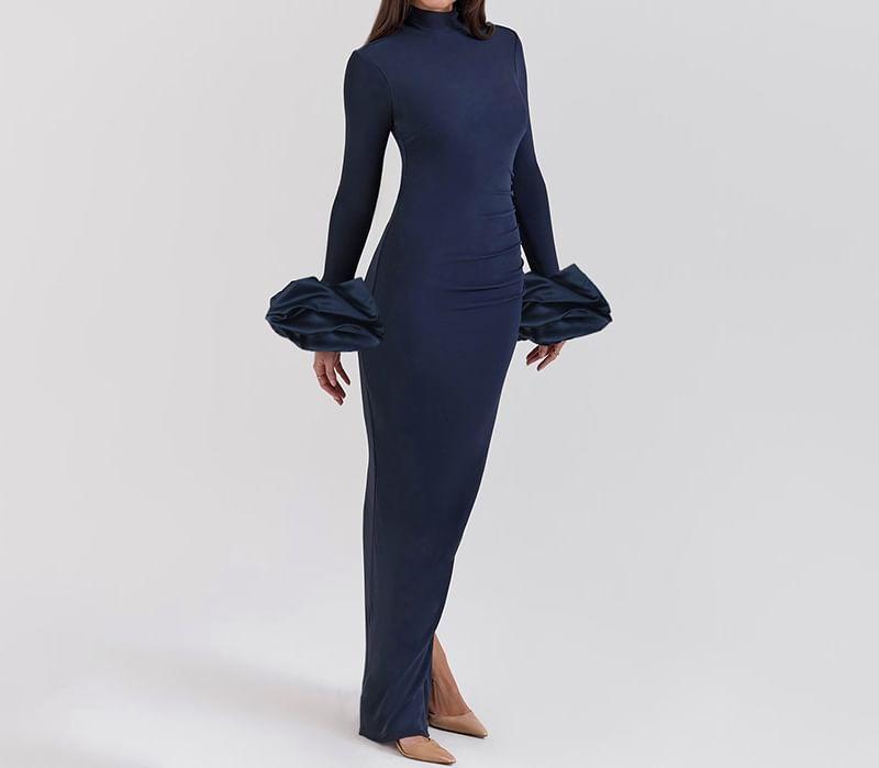 Long-Sleeve Mock Neck Plain Maxi Sheath Dress Product Image