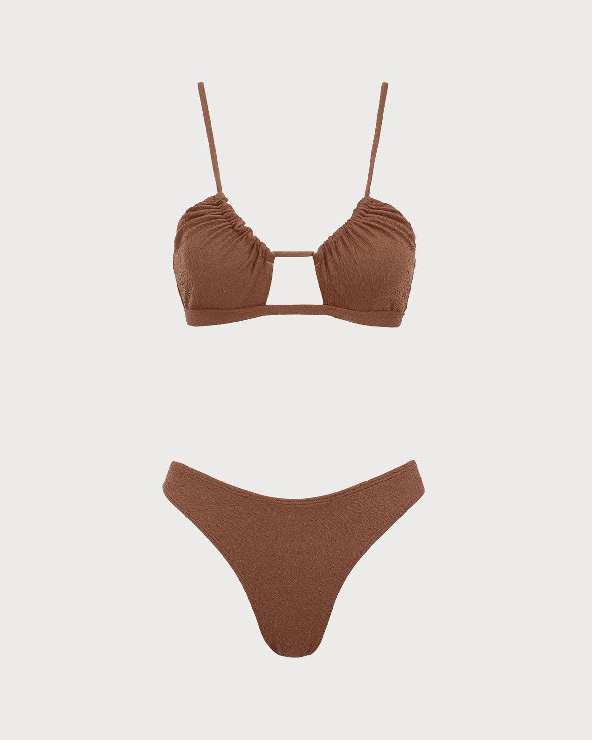 Brown Leopard Print Ruched Bikini Set Product Image