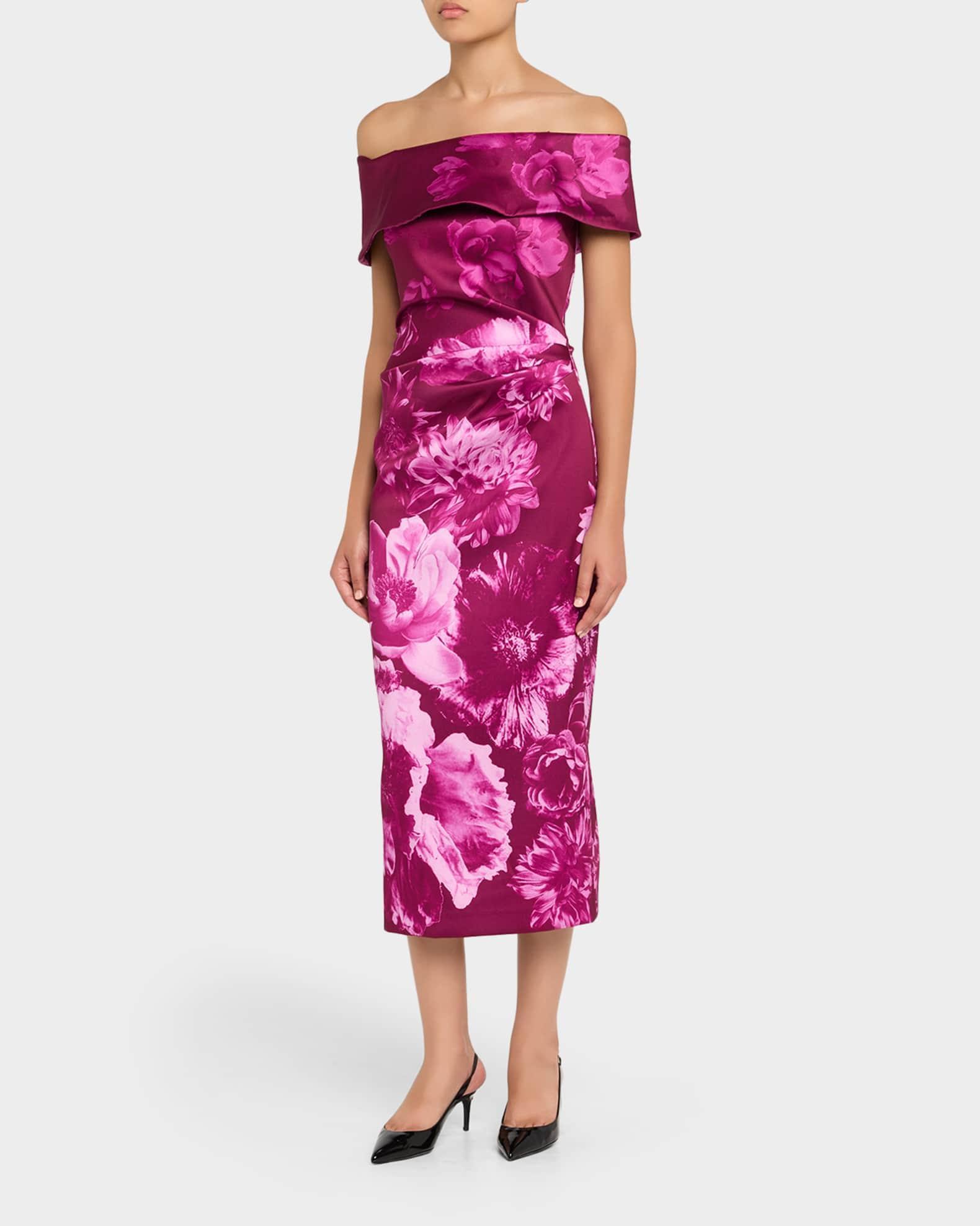 Ruched Floral Off-The-Shoulder Midi Dress Product Image