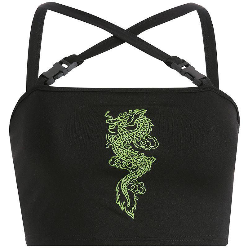 Dragon-Embroidered Buckle-Strap Crop Top Product Image