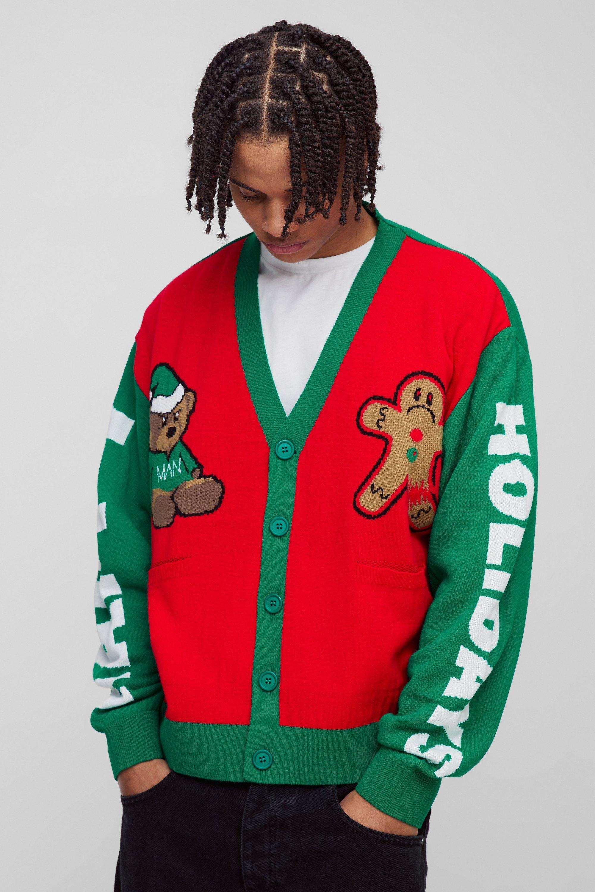 Oversized Boxy Christmas Teddy Knitted Cardigan | boohooMAN USA Product Image