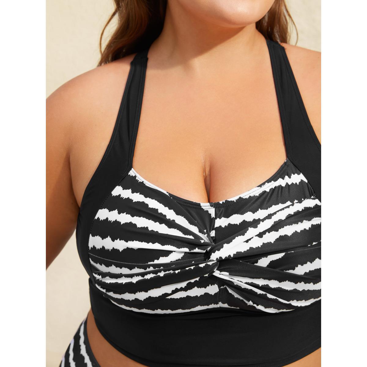 Plus Size Striped Twisted Front Cross-Straps Swim Top Women's Swimwear Black Beach Twist High stretch Skinny Heart neckline Curve Swim Tops BloomChic 14-16/1X Product Image