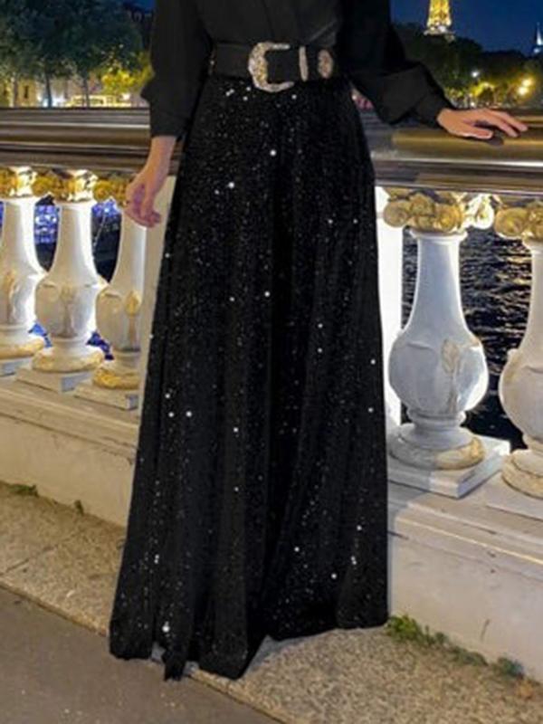 High Waisted Wide Leg Sequined Shiny Split-Joint Pants Trousers Product Image