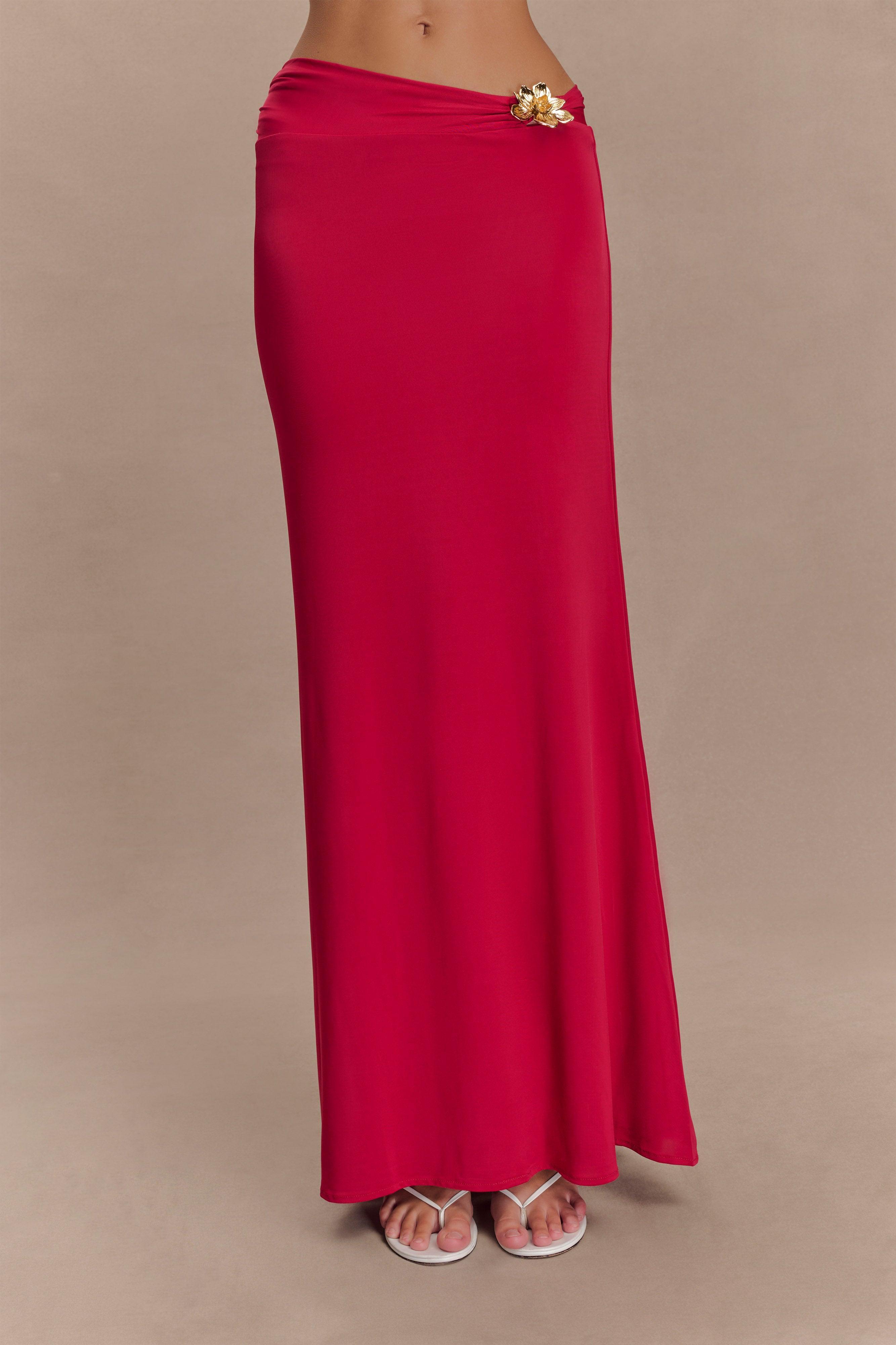 Ainsley Asymmetrical Maxi Skirt With Floral Hardware - Fuchsia Pink Product Image