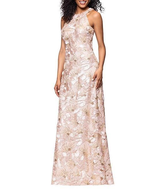 Betsy & Adam Floral Sequin Soutache Halter Sleeveless A-Line Gown Product Image