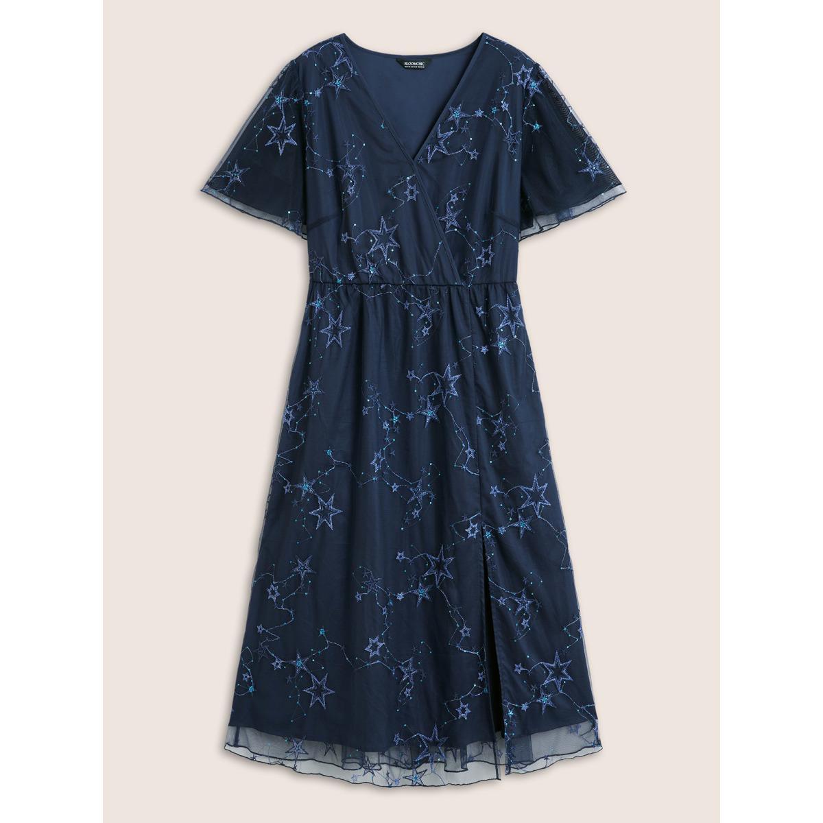Plus Size Star Embroidered Mesh Split Hem Dress DarkBlue Women Formal See through Overlap Collar Short sleeve Curvy BloomChic 14-16/1X Product Image