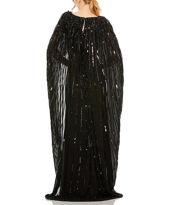 Mac Duggal Sequin Mesh Embellished Beaded Boat Neck Cape Sleeve Column Gown Product Image