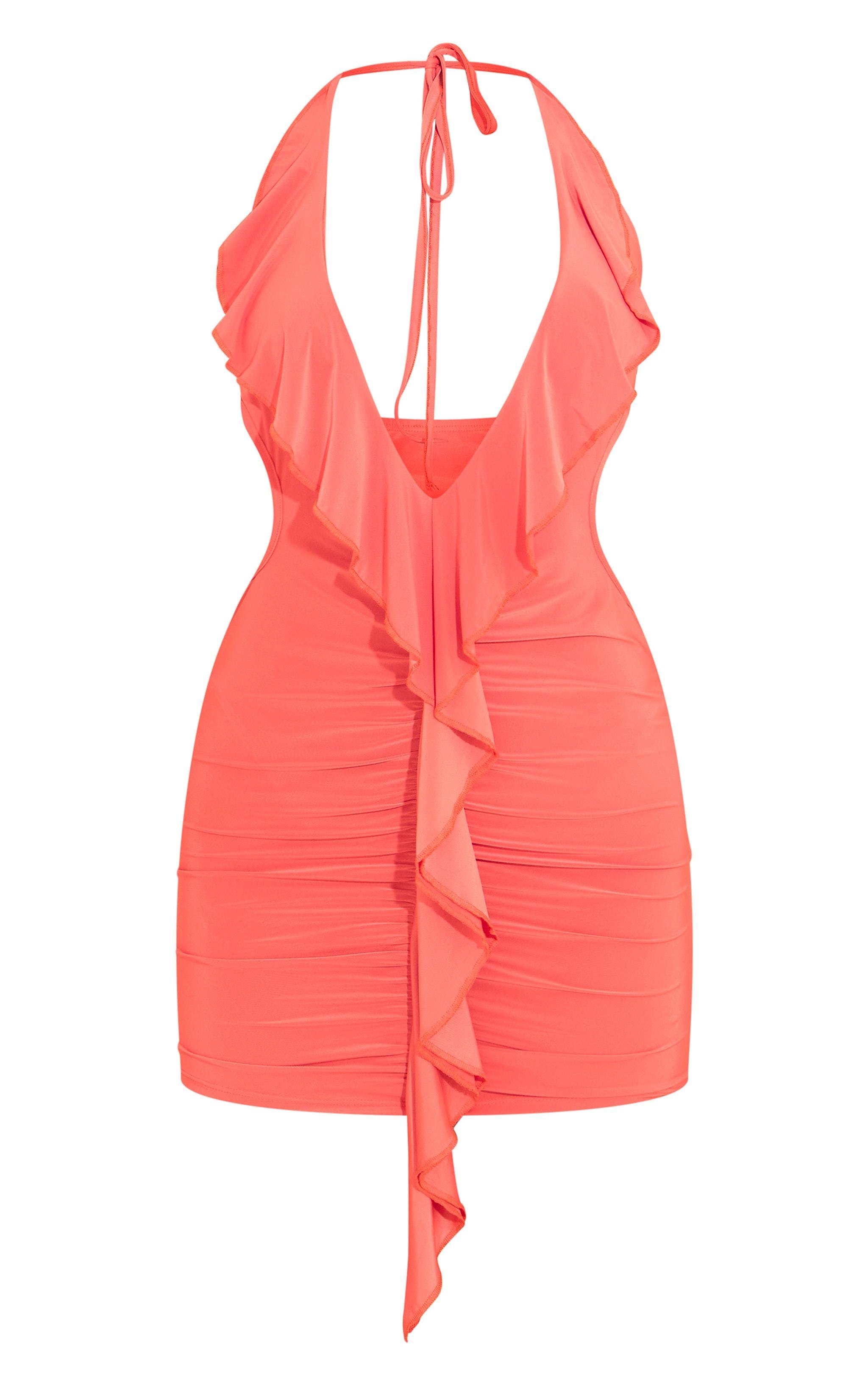 Orange Mesh Drape Neck Mini Dress Product Image