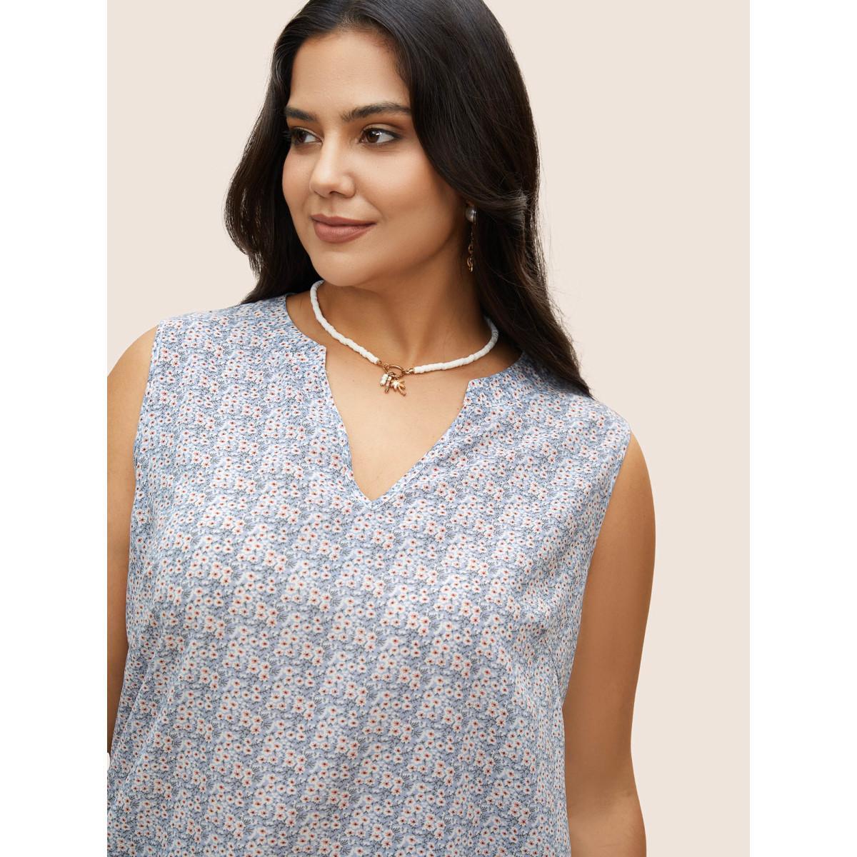 Plus Size Ditsy Floral Patchwork Ruffle Hem Tank Top Women Stone Elegant Frill Trim Notched collar Everyday Tank Tops Camis BloomChic 10/M Product Image