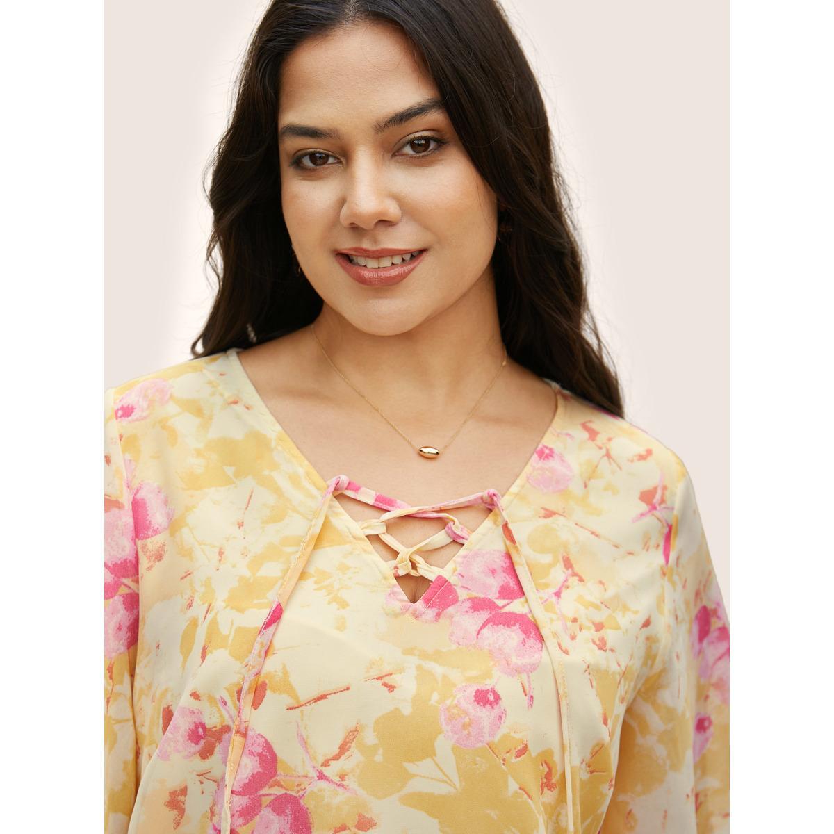 Plus Size Lightyellow Floral Flutter Sleeve Lace Up Blouse Women Elegant Half Sleeve V-neck Everyday Blouses BloomChic 12/L Product Image