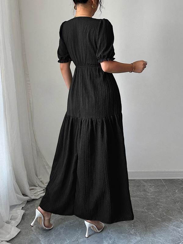 Half Sleeves High Waisted Pleated Solid Color Split-Front V-Neck Maxi Dresses Product Image