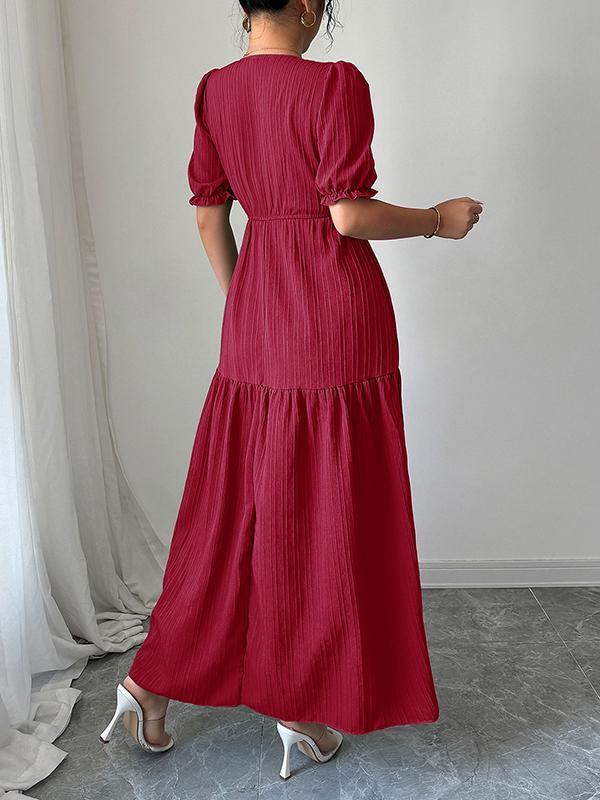Half Sleeves High Waisted Pleated Solid Color Split-Front V-Neck Maxi Dresses Product Image