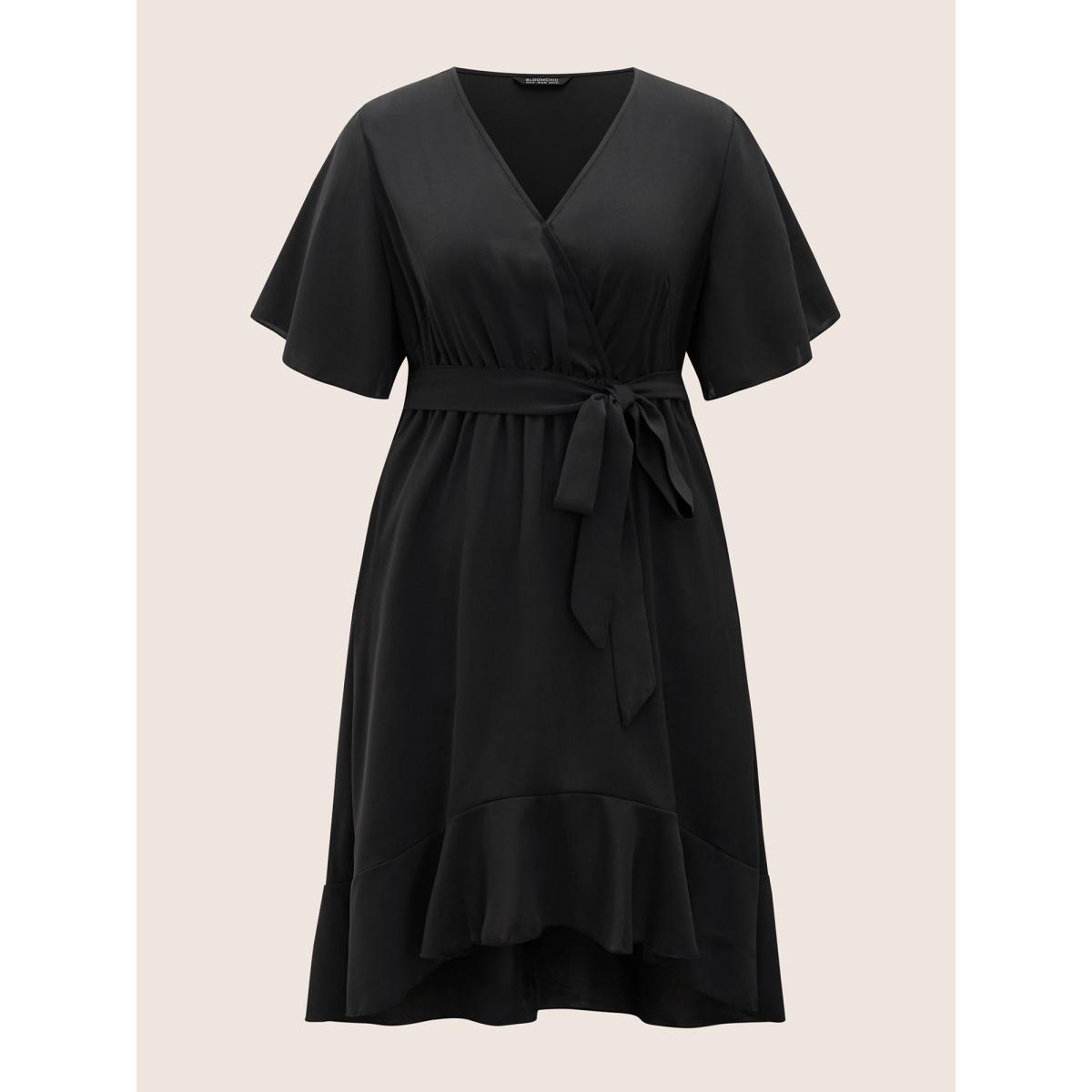 Plus Size Bloom Dress - Solid Tie Surplice Ruffle High Low Dress Black Women Elegant Cross straps V-neck Short sleeve Curvy Midi Dress BloomChic 14/1X Product Image