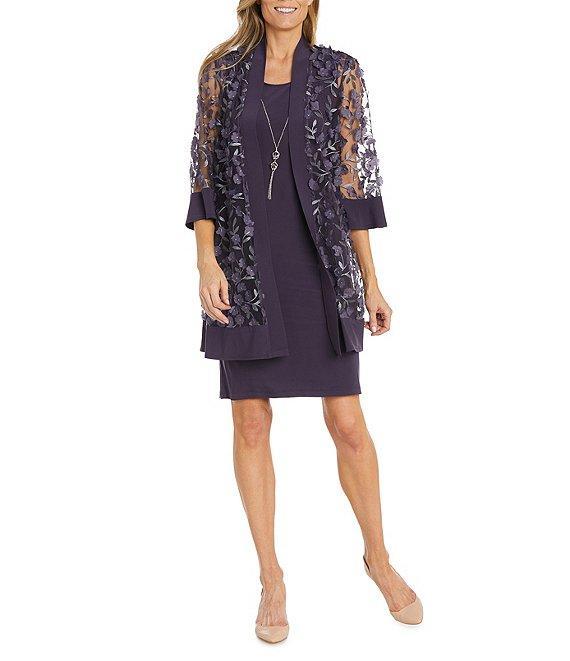R & M Richards 3/4 Sleeve Scoop Neck Embroidered Flower Mesh 2-Piece Jacket Dress Product Image