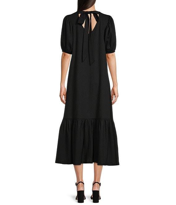 Gibson & Latimer Crepe Waffle Knit V-Neck Tie Back Detail Puffed Short Sleeve Tiered A-Line Flounce Midi Dres Product Image